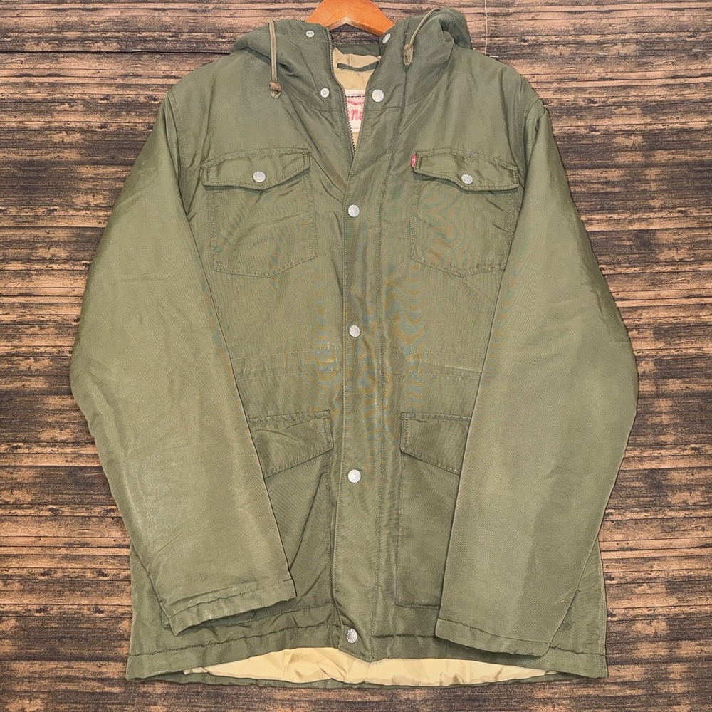 Levi's Military Jacket Mens Medium Olive Green Hooded Snap Button Utility